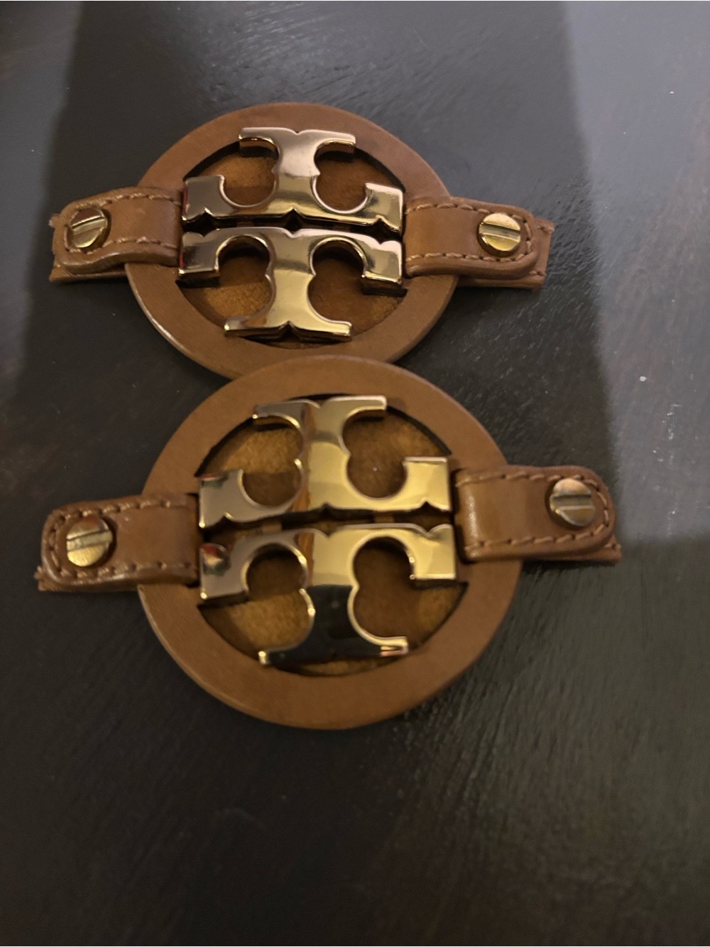 Tory Burch Tan Leather Logo Clips with Gold Hardware- bundle of two